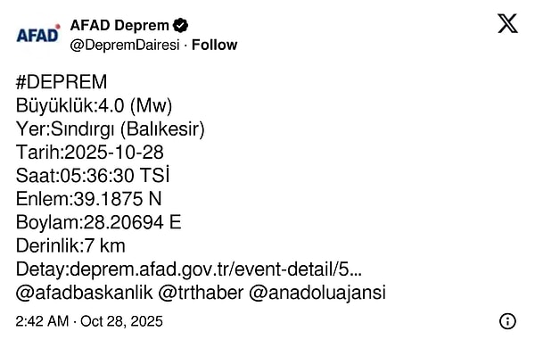 Balıkesir Sındırgı'da meydana gelen depremin ardından son olarak saat 05.36'da 4.0 büyüklüğünde bir deprem meydana geldi.