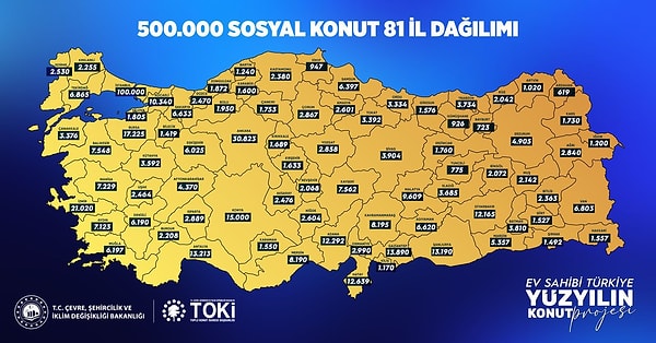 İşte TOKİ 500 bin sosyal konutun illere göre dağılımı;
