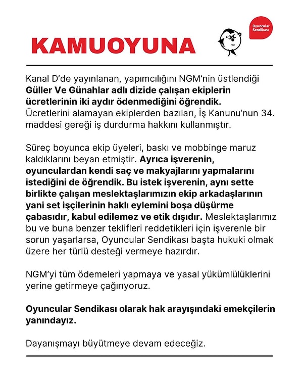 Oyuncu Sendikası tarafından geçtiğimiz saatlerde Güller ve Günahlar dizisindeki çalışan ekibiyle ilgil bir açıklama yayınlandı.