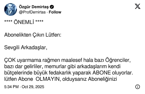 Özgür Demirtaş'ın paylaşımının tamamı şöyle👇🏻