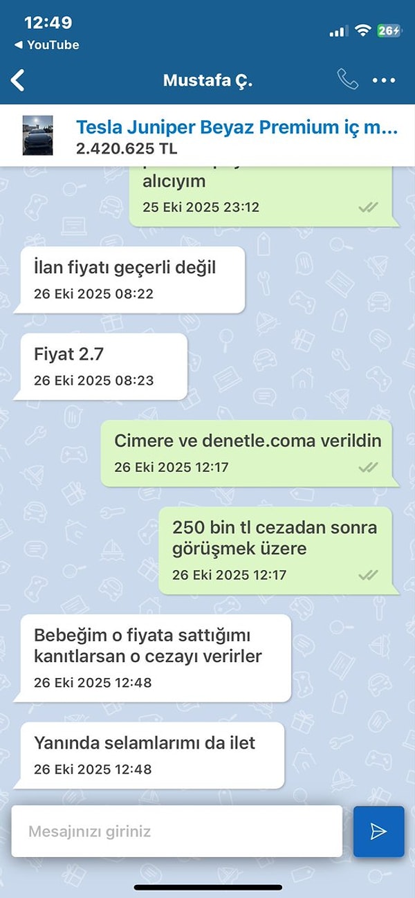Bir ilan sitesinde satışa koyduğu Tesla marka aracı için fiyat farkı talep eden satıcının mesajları sosyal medyada paylaşılmıştı.