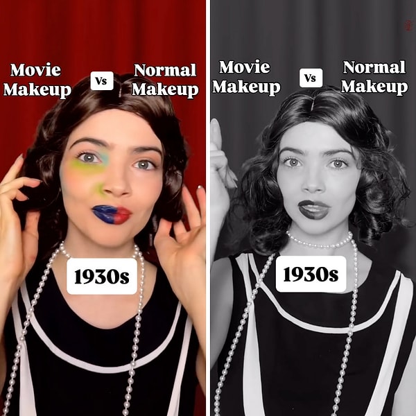 1930'lu yıllarda görüntü siyah beyaz olduğu için meğer çok daha abartılı hatta absürt makyajlar yapılıyormuş!