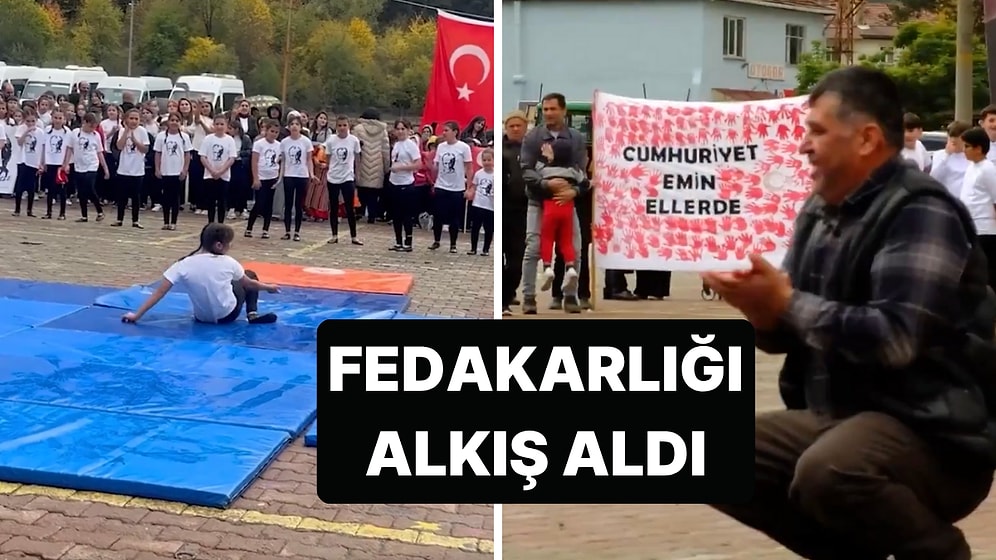 29 Ekim'de Jimnastik Gösterisi Yapan Kızı İçin Yağmurun Islattığı Minderi Atkısıyla Sildi
