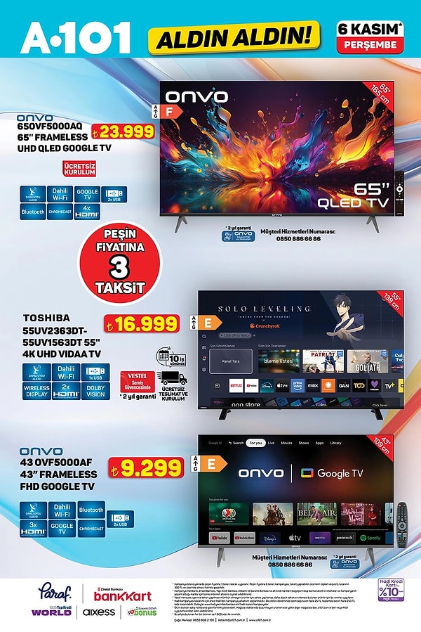 Onvo 65" Frameless UHD QLED Google Tv 23.999 TL