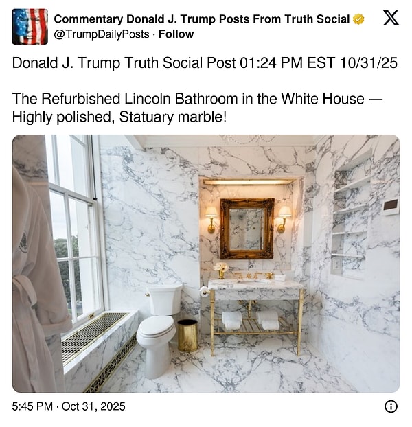 A refreshed look of Trump's bathroom was shared via his social media account.