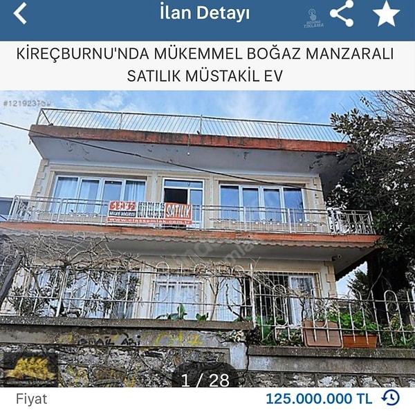 İlanda "Kireçburnu'nda mükemmel boğaz manzaralı satılık müstakil ev" ifadesi yer aldı.