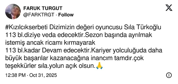 Following the announcement of Sıla Türkoğlu's departure, producer Faruk Turgut bid farewell to the young actress with a post, revealing that she would be saying goodbye to the series in the 113th episode.