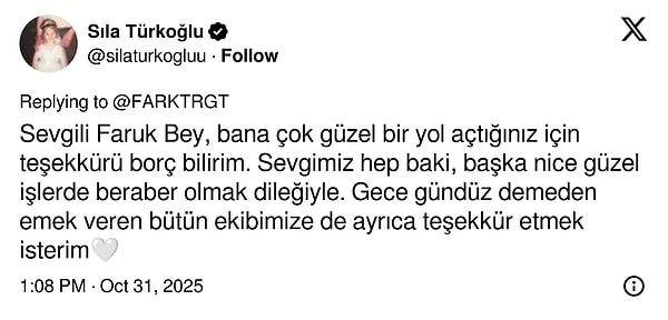 Sıla Türkoğlu, known for her role in the series "Kızılcık Şerbeti," expressed her gratitude in response to Faruk Turgut's post.