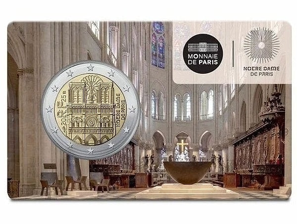 Fransa'nın ulusal darphanesi Monnaie de Paris tarafından tarihi Notre-Dame de Paris Katedrali'nin cephesini taşıyan yeni 2 euroluk paraları piyasaya sürdü.