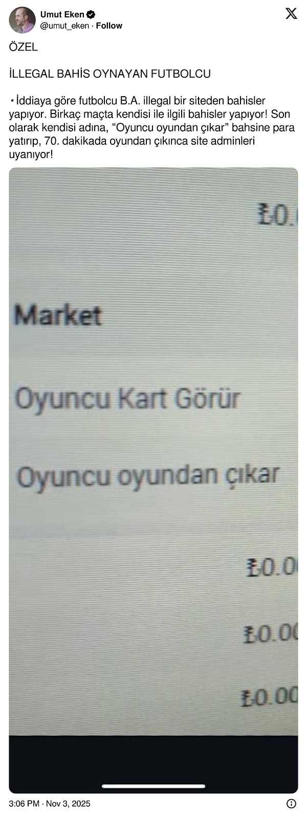 Umut Eken’in bahis yapan futbolcu iddiaları  👇