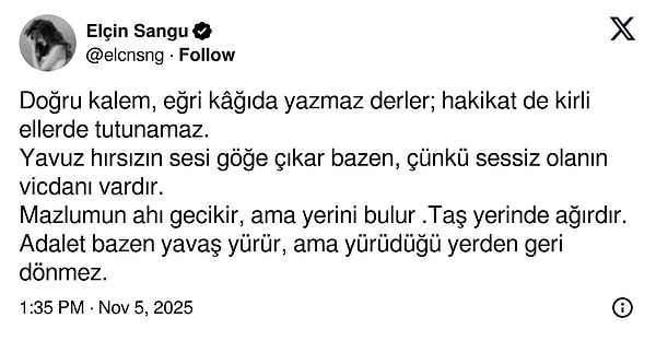 Elçin Sangu, Birsen Altuntaş’la yaşanan ve mahkeme/takipsizlik kararlarıyla gündeme gelen süreçten sonra sosyal medyadan paylaşımda bulundu.