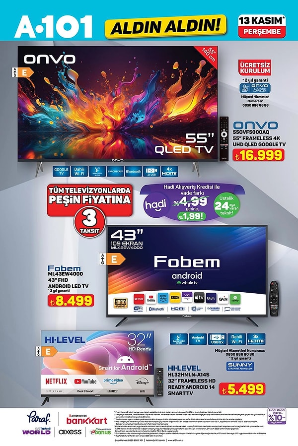 Onvo 55" Frameless 4K UHD QLED Google Tv 16.999 TL