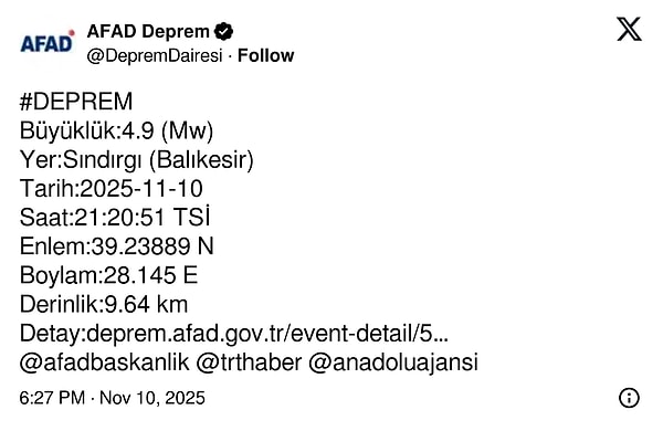 AFAD’ın deprem açıklaması 👇