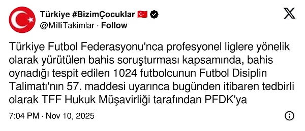 Milli Takımlar resmi hesabından yapılan açıklama 👇