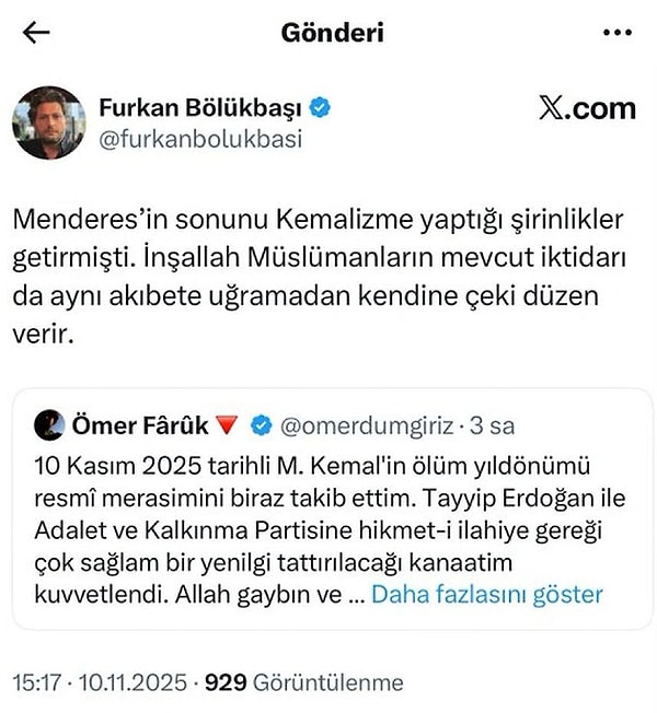 Furkan Bölükbaşı'nın sosyal medya hesabından yaptığı paylaşım:
