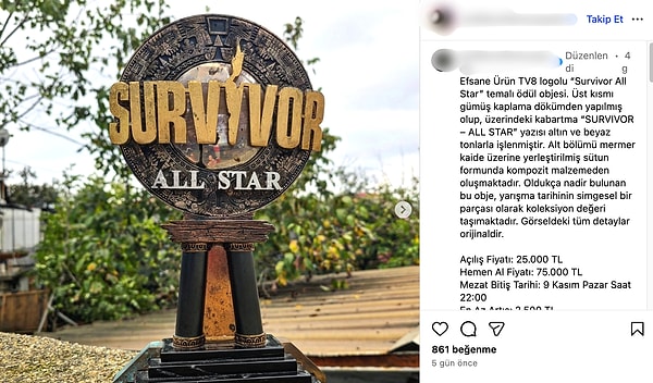 İşte Survivor kupasının müzayededeki ilanı: