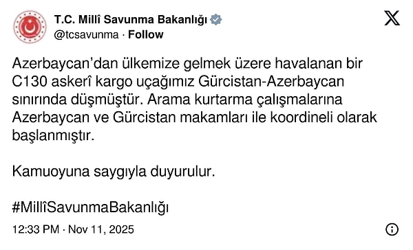 Milli Savunma Bakanlığı'ndan yapılan açıklamada C130 askeri kargo uçağımızın düştüğü belirtildi.