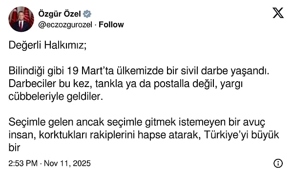 CHP Genel Başkanı Özgür Özel, iddianame ile ilgili ilk yorumunu sosyal medya hesabından paylaştı. 👇