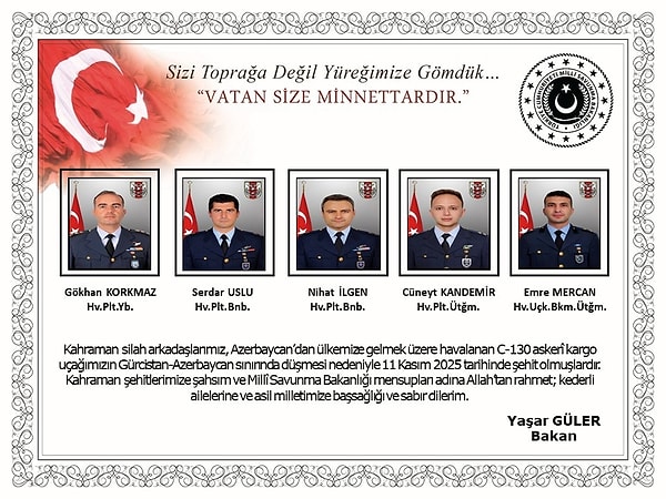 Milli Savunma Bakanlığı (MSB), Azerbaycan'dan Türkiye'ye gelmek üzere havalanan C130 tipi askeri kargo uçağının Gürcistan-Azerbaycan sınırında düştüğünü bildirdi.