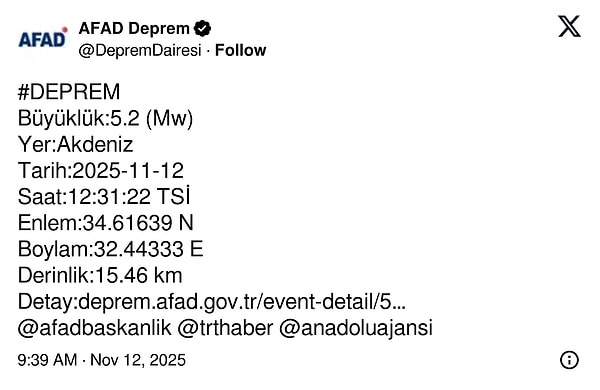 AFAD'ın paylaşımı 👇