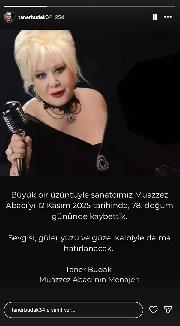 The tragic news was announced by her manager, Taner Budak. Muazzez Abaci, passed away today, on her 78th birthday.