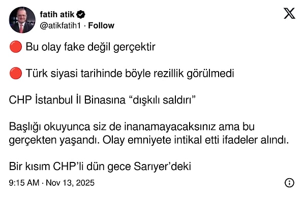 Fatih Atik'in X hesabından paylaştığı iddianın tamamı şöyle: