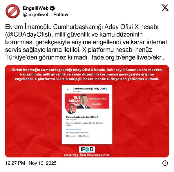 İmamoğlu'nun X hesabı yine erişime engellendi.