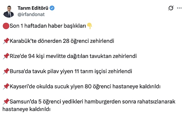 Tarım ve gıda editörü İrfan Donat ise Böcek ailesinin üzücü haberinin ardından son günlerde tekrarlayan olaylara dikkat çekti.