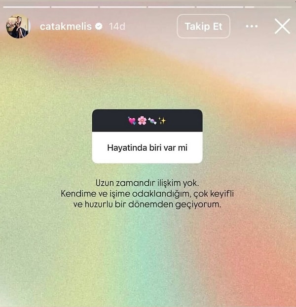 Melis Çatak, hakkında çıkan aşk iddialarının ardından Instagram’da açtığı soru-cevap bölümünde dolaylı bir yanıt verdi.