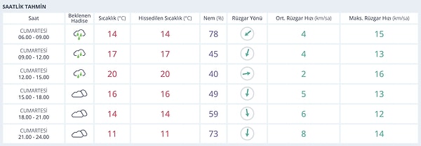 15 Kasım Cumartesi Adana Saat Saat Hava Durumu: