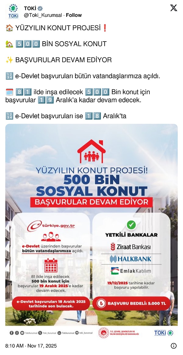 TOKİ'nin son paylaşımı aşağıdaki gibidir;