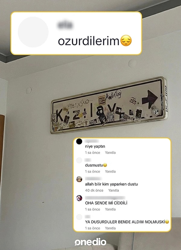 Bir kişi düşen tabelayı alıp evine götürdü.