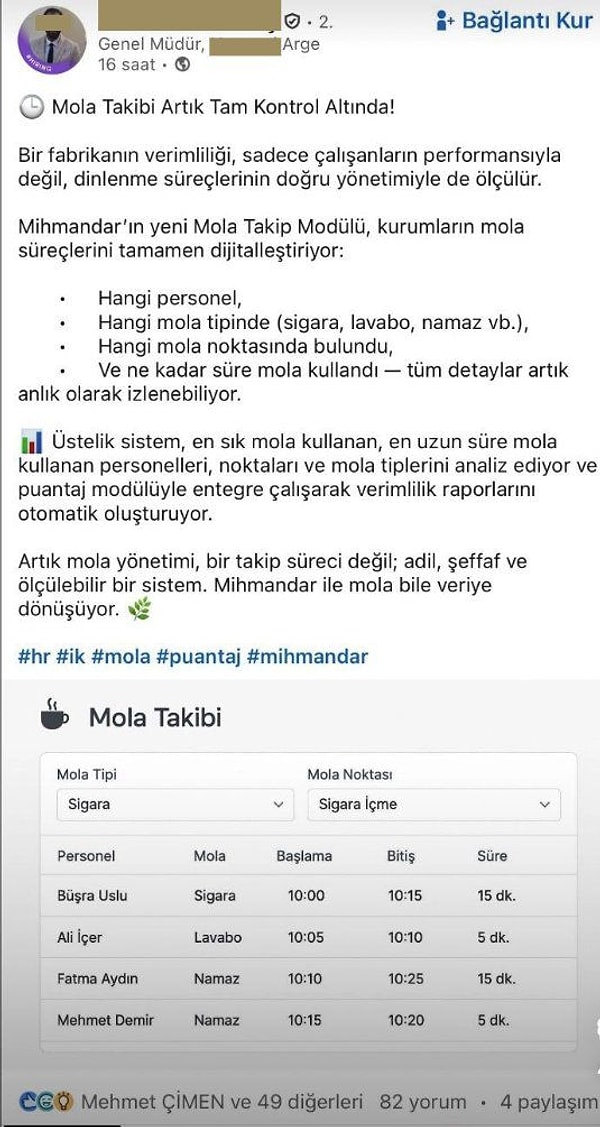 Çalışanların molalarda ne kadar süre harcadığı ve neler yaptığını takip eden yazılım paylaşımı gündemde.
