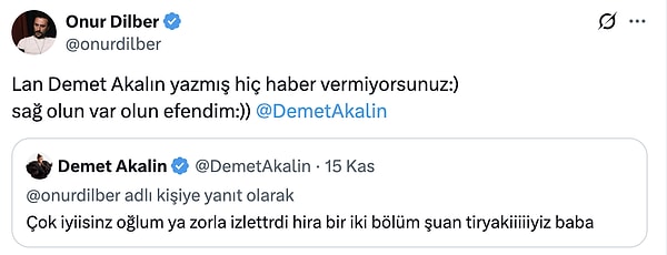 Gezep karakterini canlandıran Onur Dilber, Taşacak Bu Deniz seyircisine Demet Akalın'ın yazdığını haber vermemeleri konusunda esprili bir uyarıda bulundu.