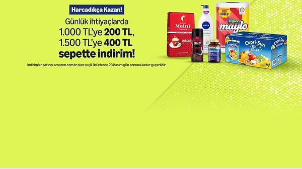 18.11.2025 tarihinde başlayan ''Harcadıkça Kazan'' fırsatı, günlük ihtiyaçlarınızı uygun fiyata almak için özel bir indirim sunuyor.