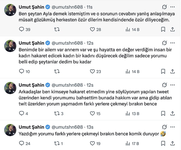 Umut, paylaşımının ardından gelen eleştirilere önce "Yazdığım yorumu başka yerlere çekmeyin komik duruyor" dedi.