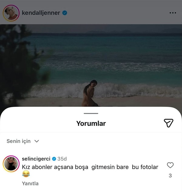 Tam bu noktada, Jenner’ın kumsalda sırtı dönük oturduğu çıplak pozunun altına Selin Ciğercinin yorumu düştü ve Türk kullanıcıların gündemi bir anda değişti.