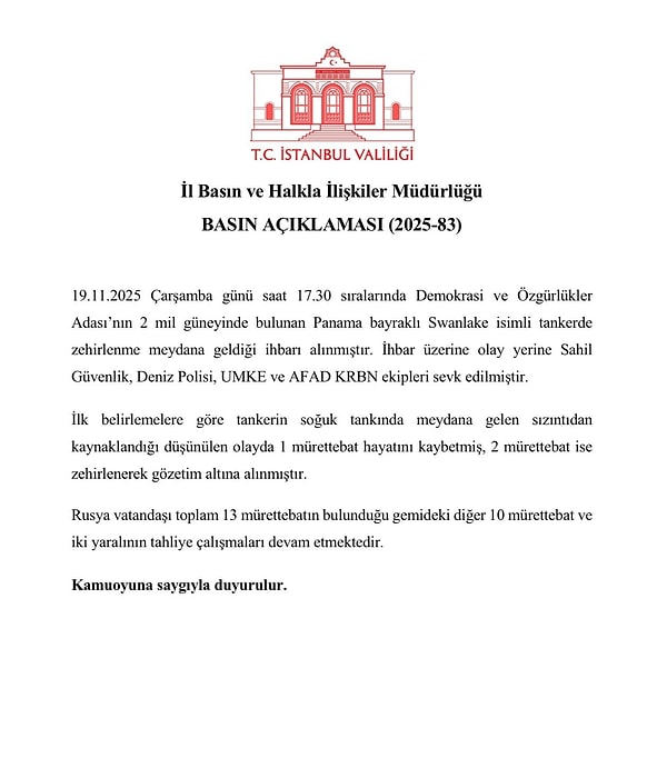 İstanbul Valiliği konuyla ilgili açıklama yaptı.