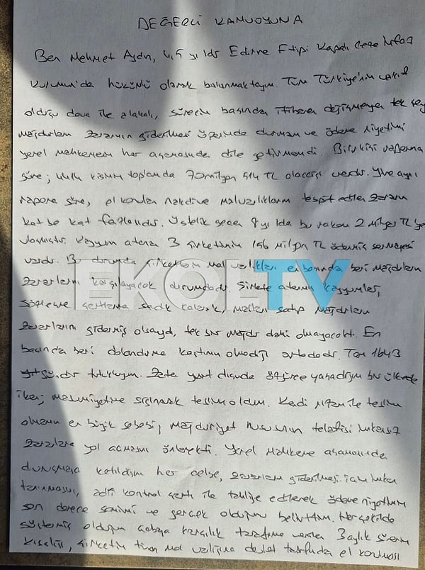 ‘Tosuncuk’ Mehmet Aydın’ın mektubu 👇