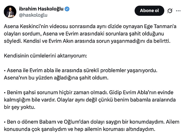 Ege Tanman, Haskoloğlu'nun tweet'ini Instagram hikayesinde paylaştı.