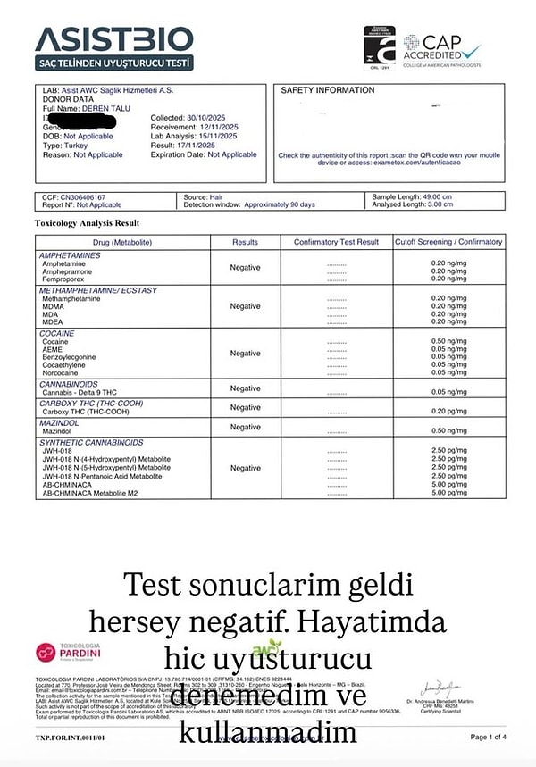 Deren Talu, Instagram'dan uyuşturucu testi sonucunun belgesini yayınladı.