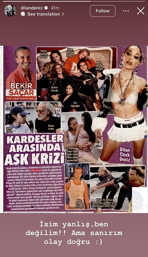 İkilinin ilişkisinin Rafael Cemo Çetin’in kardeşi Orfeo Çetin’in öğrendiği; bunun üzerine de Miro’nun yanına giderek “Sen benim ağabeyimin eski sevgilisiyle nasıl flört edersin?” diyerek sert bir tepki verdiği iddia edilmişti.