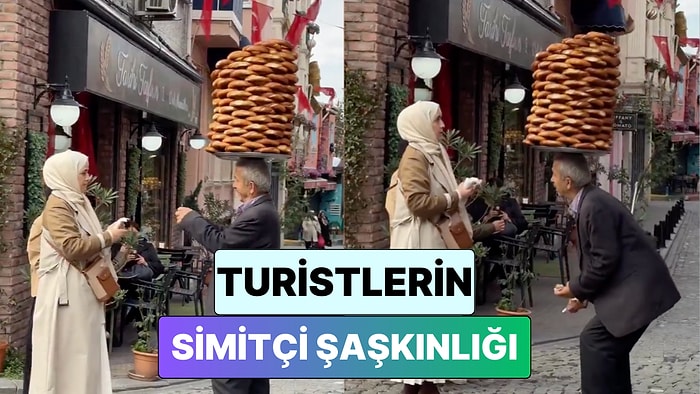 İstanbul'da İki Turist Kafasında Onlarca Simit Taşıyan Amcanın Dengesi Karşısında Şaşkınlığını Gizleyemedi