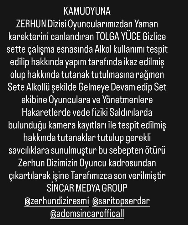 Tolga Yüce'nin şiddet ve tehdit iddialarına yapımcıdan açıklama gecikmedi.