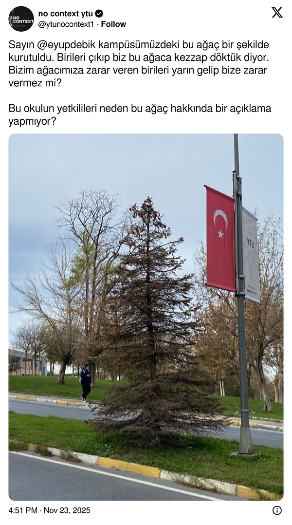 No context YTÜ isimli hesap da ağacın zehirlendiğini iddia etti.