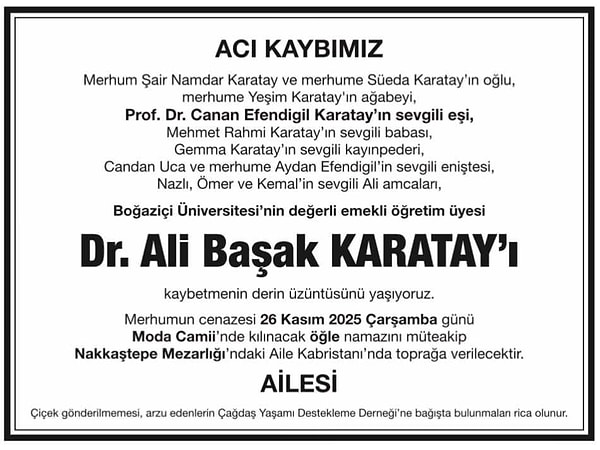 Dr. Ali Başak Karatay'ın cenaze programı belli oldu.