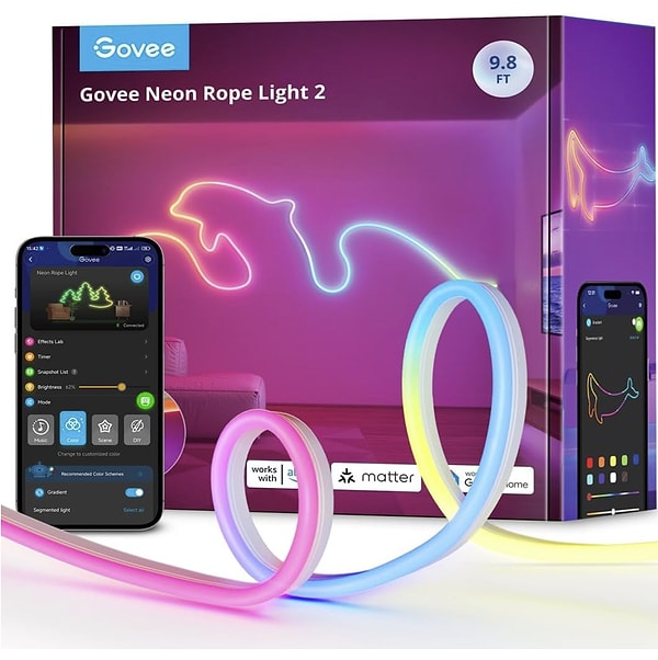 Govee Neon LED Şerit 2. Nesil, esnek ve yumuşak yapısıyla dikkat çeken, Govee Home uygulaması üzerinden tamamen kişiselleştirilebilen akıllı bir aydınlatma çözümü.