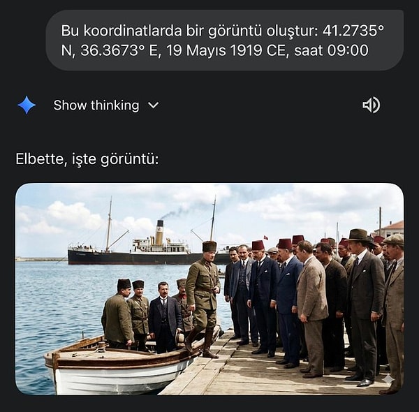 Aripgpt isimli kullanıcı ise bunu Atatürk'ün Samsun'a çıktığı tarihte ve yerde denedi.
