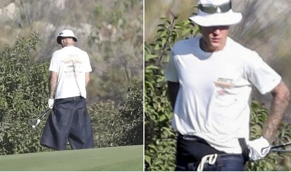 Justin Bieber, Palm Springs, California’da arkadaşlarıyla pazar günü golf oynarken, sahadaki çalılıkların arasına geçip ihtiyacını giderirken paparazziler tarafından fotoğraflandı.