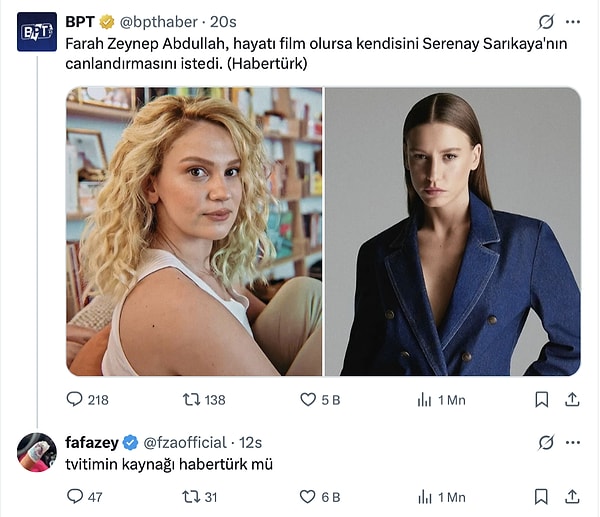 Farah Zeynep Abdullah expressed on her own Twitter account that she would like to add "+1" to the list of those who want Serenay Sarıkaya to portray their lives.